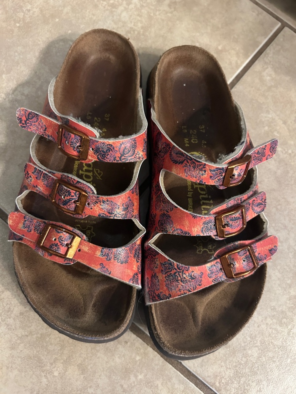 Birkenstock Papillio 37 Orange/blue  Paisley Triple Strap Slide Sandals